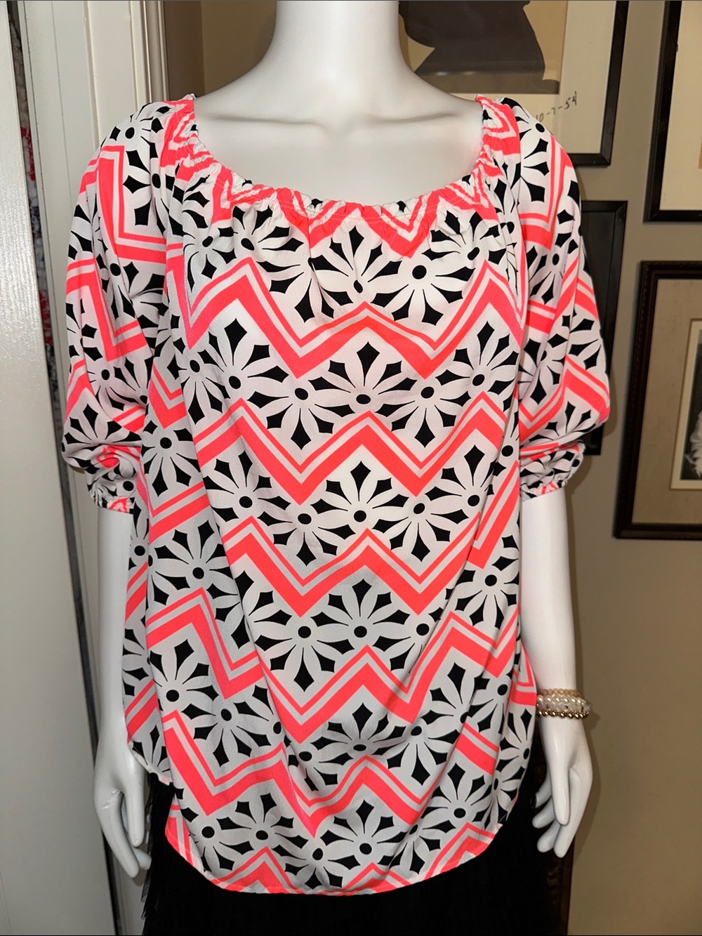 Charming Charlie Neon Coral, Black & White Off-Shoulder Chevron Floral Top
